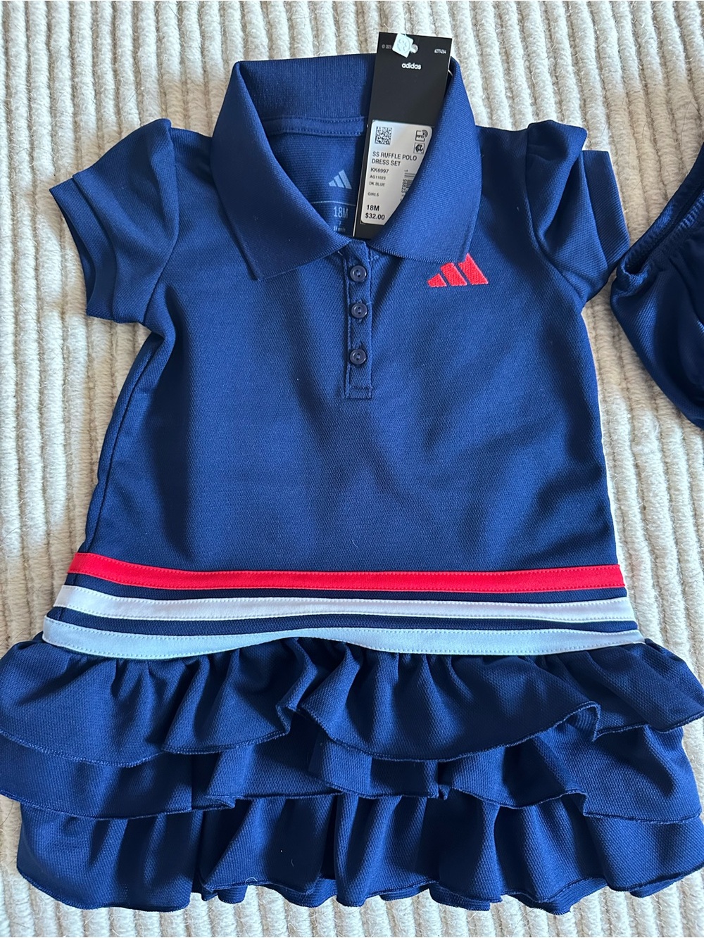 adidas Navy Polo Ruffle Dress with Red Accent and Striped Waist